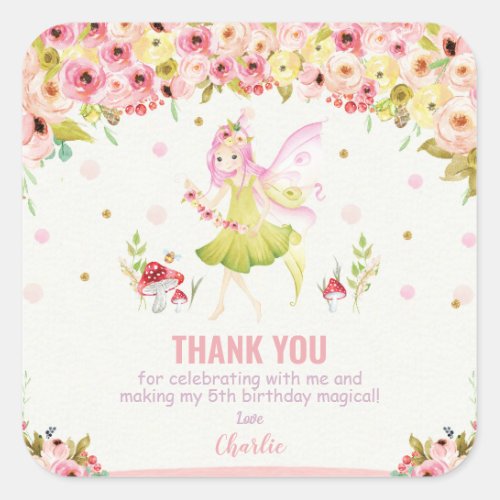 Floral Fairy Birthday Party Favor Thank You Square Sticker