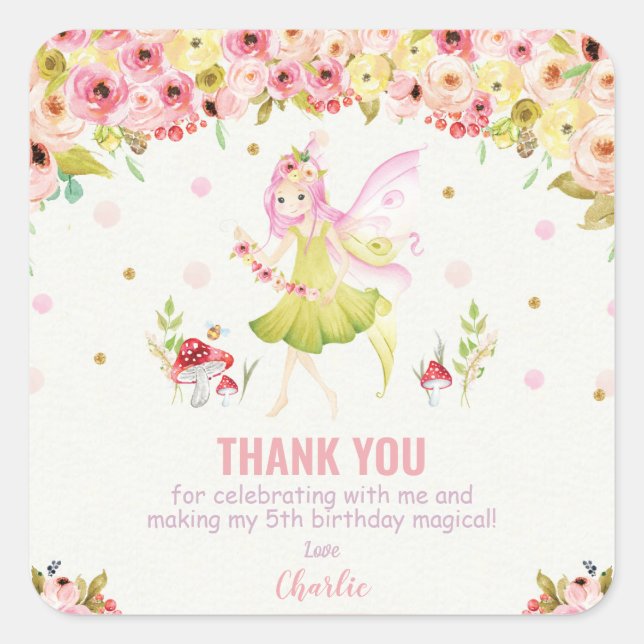 Floral Fairy Birthday Party Favor Thank You Square Sticker (Front)