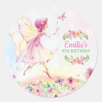 Floral Fairy Birthday Party Invitations Classic Round Sticker by ThreeFoursDesign at Zazzle