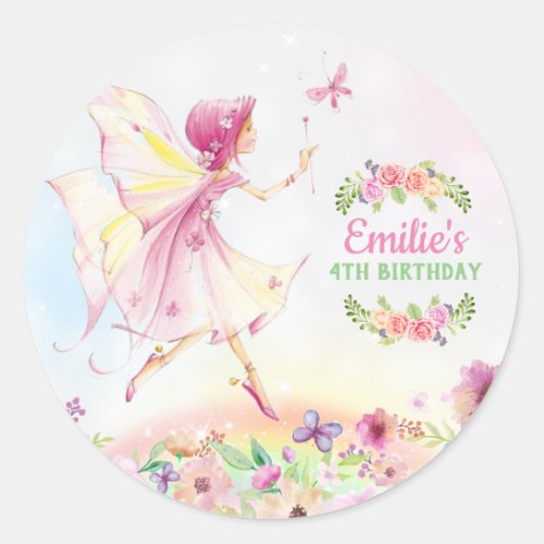 Floral Fairy Birthday Party Invitations Classic Round Sticker
