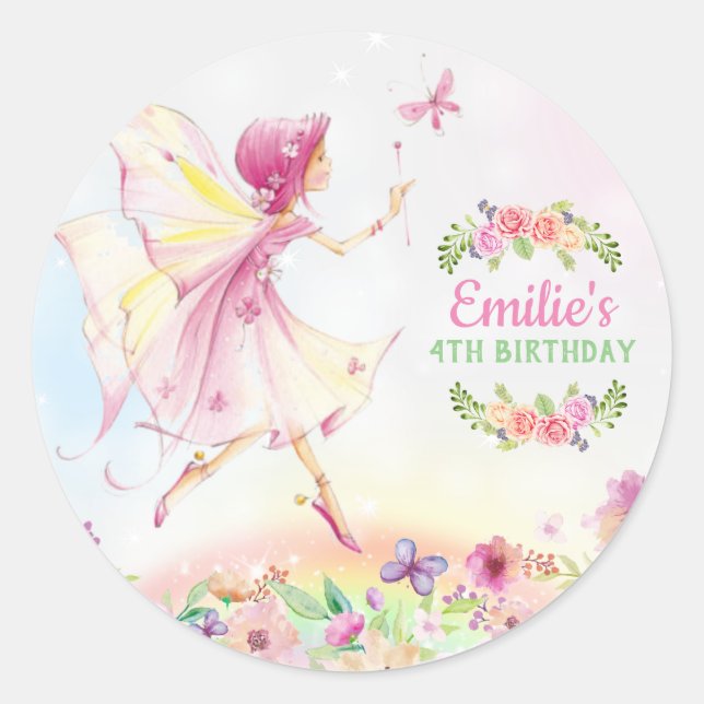 Floral Fairy Birthday Party Invitations Classic Round Sticker (Front)