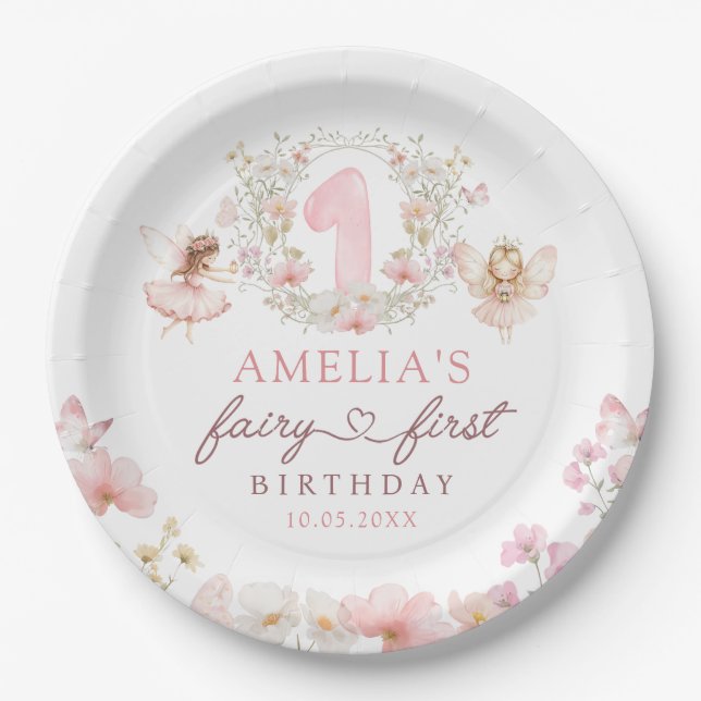 Floral Fairy First Birthday Party Paper Plates (Front)