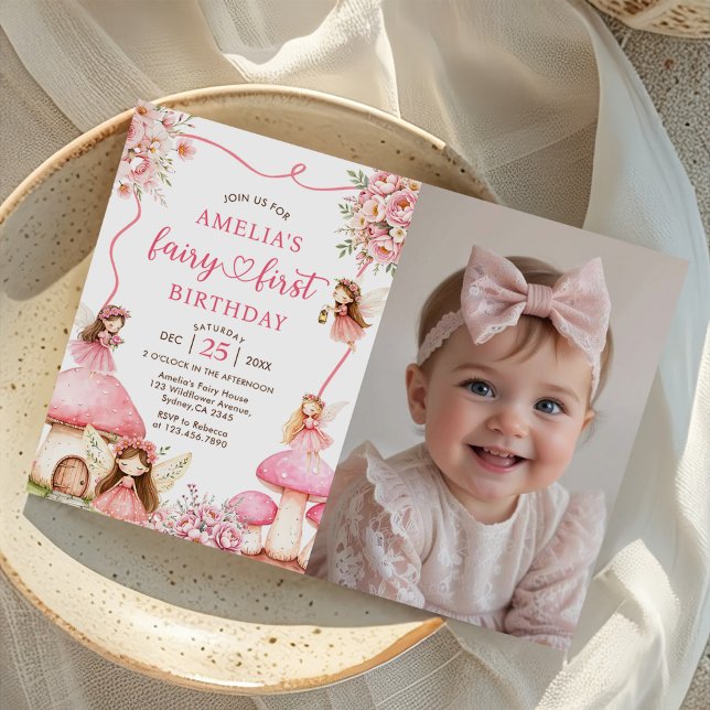 Floral Fairy First Girls 1st Birthday Party Photo Invitation (Creator Uploaded)