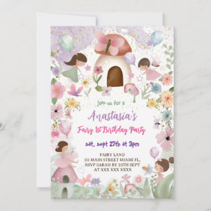 Floral Fairy Girl 1st Birthday Invitation