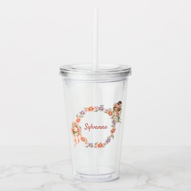 Floral Fairy Tumbler with Custom Name (Front)