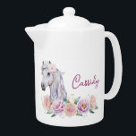 Floral Fairytale Horse with Name Teapot<br><div class="desc">Beautifully handpainted white pony with a floral head decoration,  surrounded by a bouquet of pink and purple flowers. Easily edit the name.  Floral Fairytale Horse with Name teapot.</div>