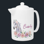 Floral Fairytale Horse with Name Teapot<br><div class="desc">Beautifully handpainted white pony with a floral head decoration,  surrounded by a bouquet of pink and purple flowers. Easily edit the name.  Floral Fairytale Horse with Name teapot.</div>