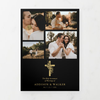 Floral Faith Cross Black Trendy Stylish Collage Tri-Fold Invitation
