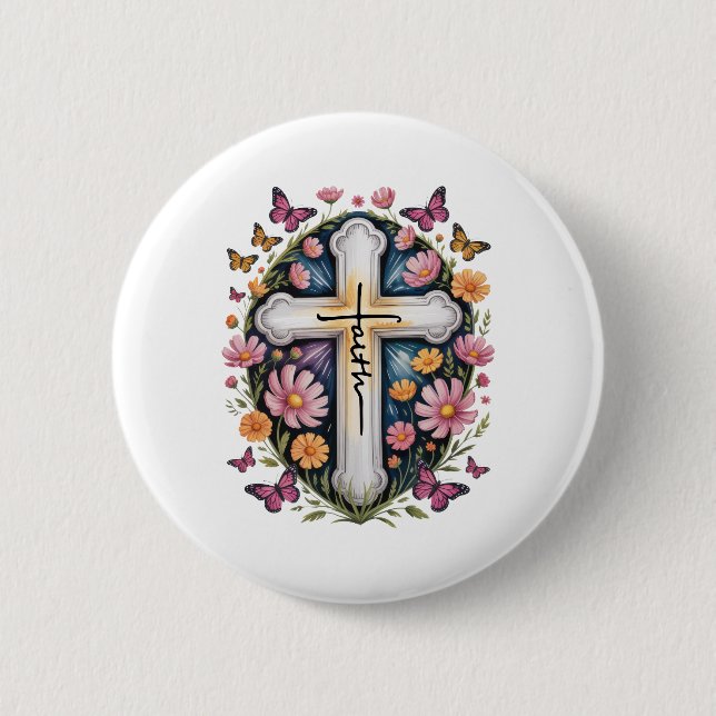 Floral Faith Cross  Button (Front)