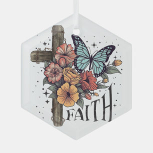 Floral Faith Cross  Glass Ornament