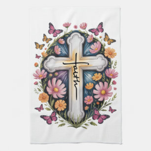 Floral Faith Cross Kitchen Towel