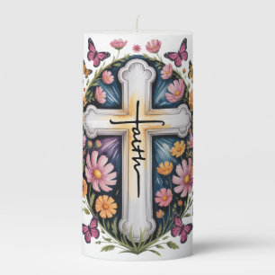 Floral Faith Cross Pillar Candle