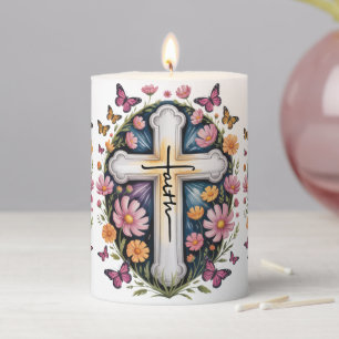 Floral Faith Cross Pillar Candle