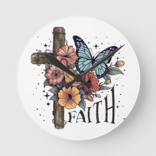 Floral Faith Cross Round Clock