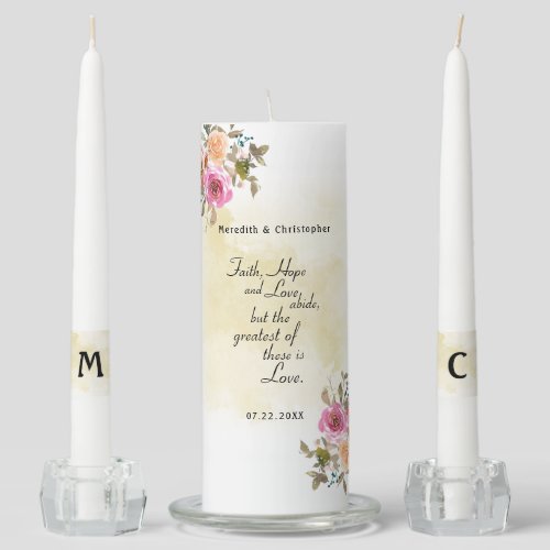 Floral Faith Hope Love Abide Christian Wedding Unity Candle Set