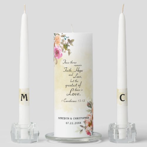 Floral Faith Hope Love Bible Verse Wedding Unity Candle Set