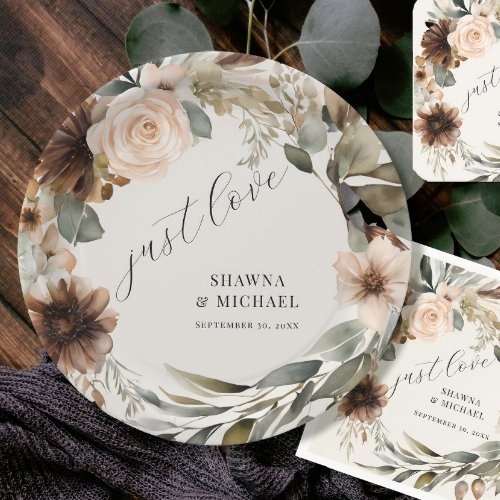 Floral Fall Autumn Foliage Muted BOHO Wedding Paper Plates
