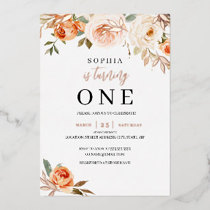 Floral Fall Autumn Girl 1st Birthday Foil Invitation