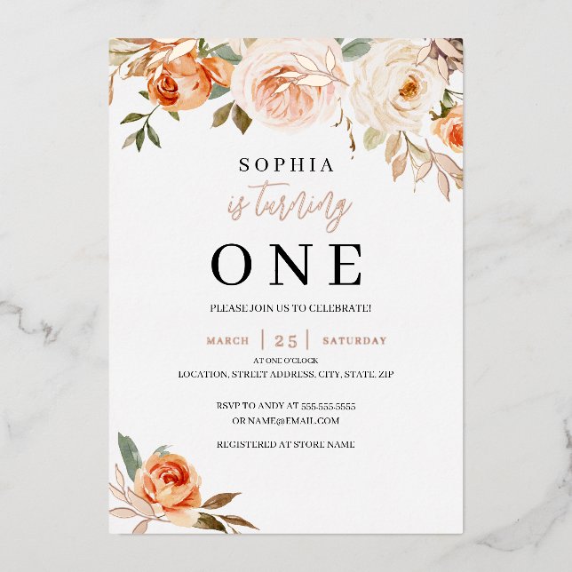 Floral Fall Autumn Girl 1st Birthday  Foil Invitation (Front)