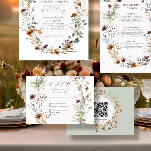 Floral Fall BOHO Wildflower Floral QR code Wedding RSVP Card