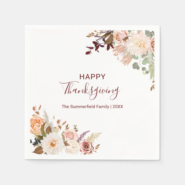 Floral Fall Botanical Happy Thanksgiving Paper Napkins (Front)