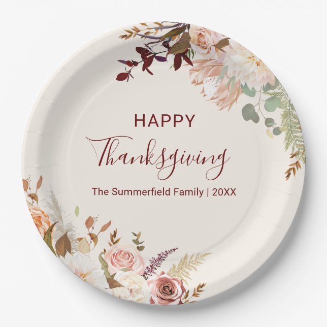 Floral Fall Botanical Happy Thanksgiving Paper Plates (Front)