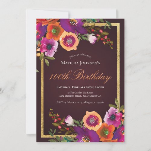 Floral Fall Burgundy 100th Birthday Party Invitation