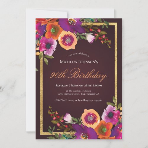 Floral Fall Burgundy 90th Birthday Party Invitation