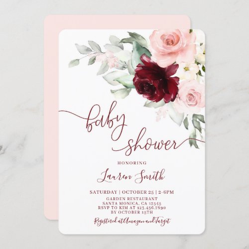 Floral Fall Burgundy blush Baby Shower Invitation