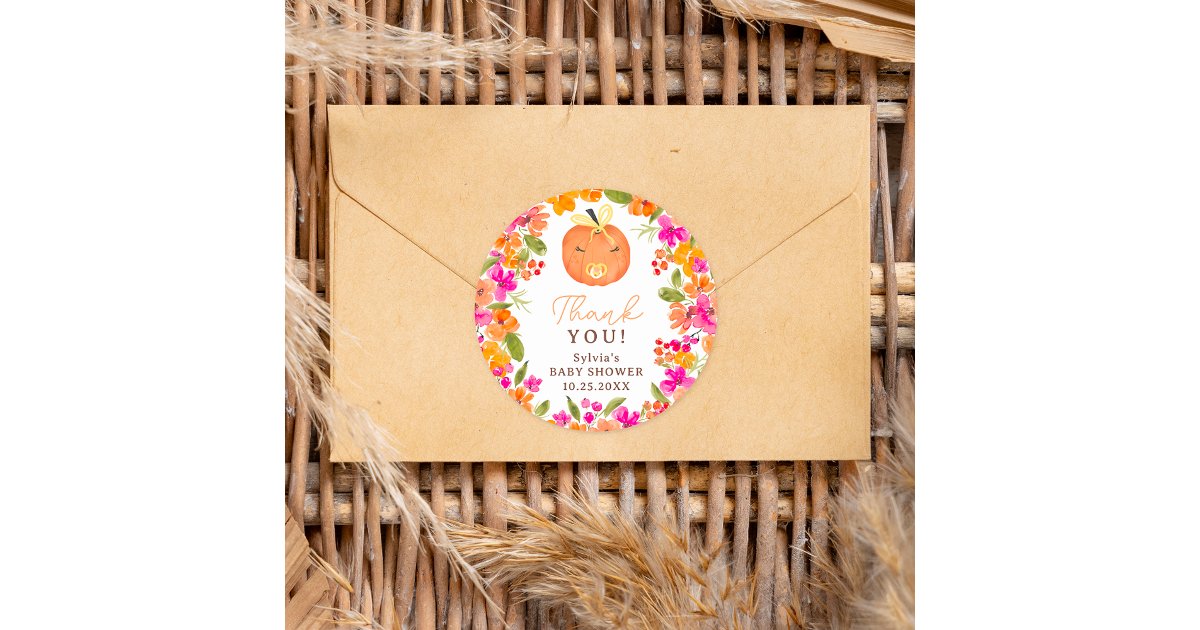 Floral Fall cute little pumpkin baby shower Classic Round Sticker | Zazzle