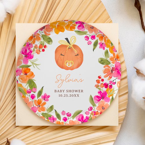 Floral Fall cute little pumpkin baby shower Paper Plates