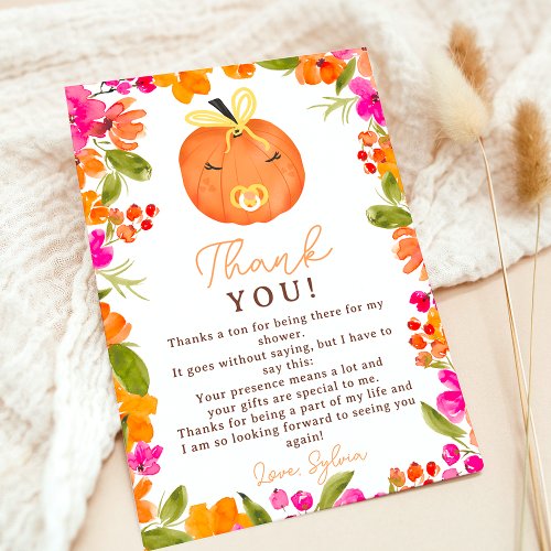 Floral Fall cute little pumpkin baby shower Thank You Card