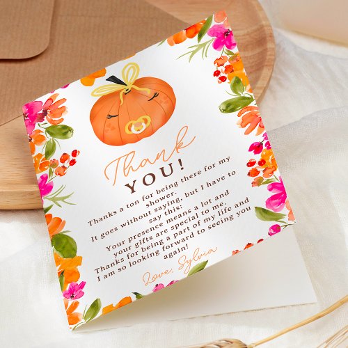 Floral Fall cute little pumpkin baby shower Thank You Card