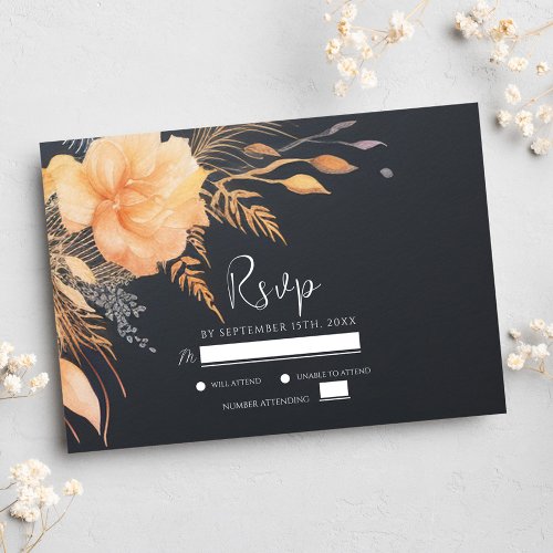 Floral Fall Elegant Black Wedding RSVP Card