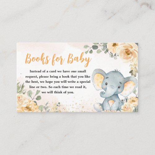 Floral Fall Elephant Baby Shower Books for Baby Enclosure Card