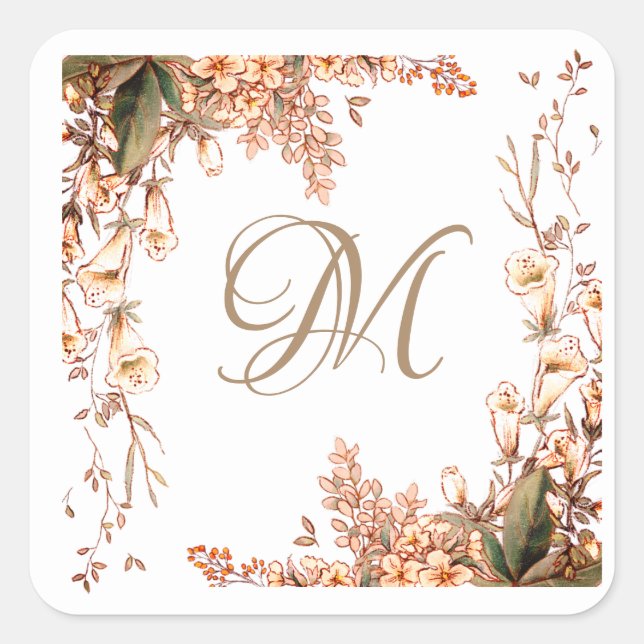 Floral Fall Garland Script Monogram Elegant Square Sticker (Front)
