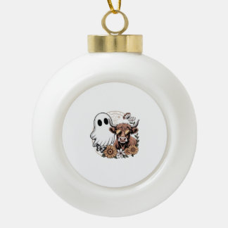 Floral Fall Highland Cow Ghost Ceramic Ball Christmas Ornament