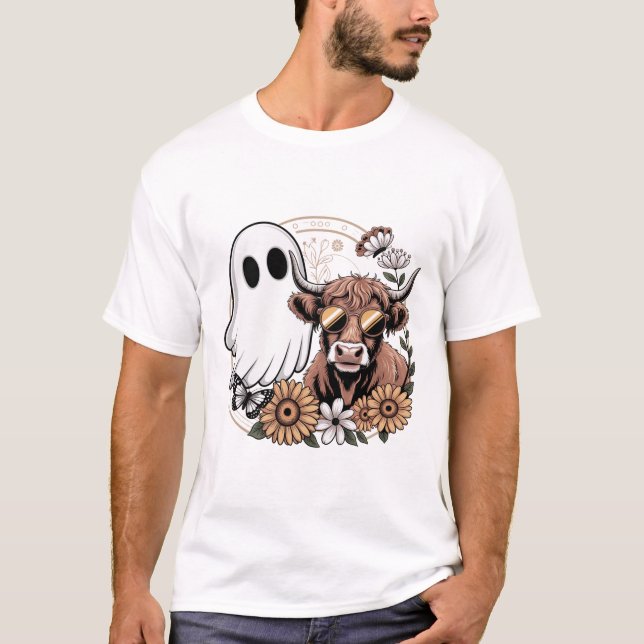 Floral Fall Highland Cow Ghost T-Shirt (Front)