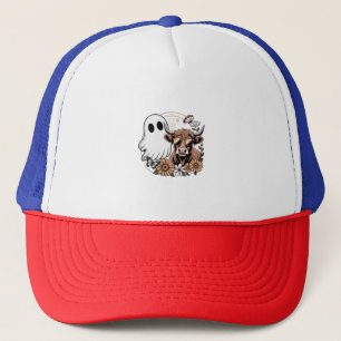 Floral Fall Highland Cow Ghost Trucker Hat