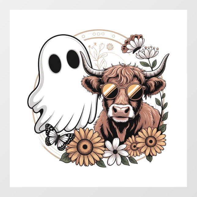 Floral Fall Highland Cow Ghost Wall Decal (Front)