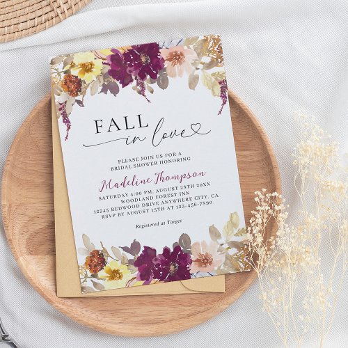Floral Fall in Love Heart Script Bridal Shower Invitation