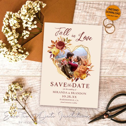 Floral Fall in Love Photo Wedding Save the Date Invitation