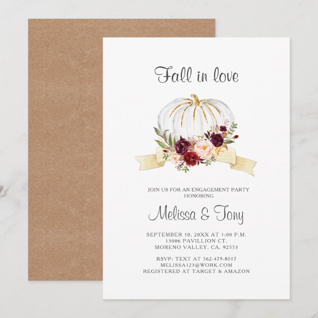 Floral Fall in love Pumpkin engagement Invitation (Front/Back)