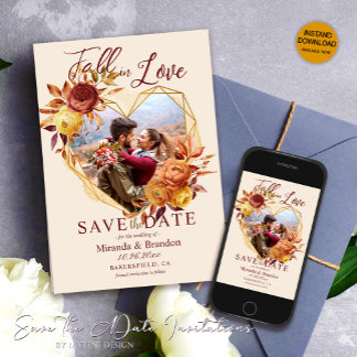Floral Fall in Love Wedding Photo Save the Date Invitation