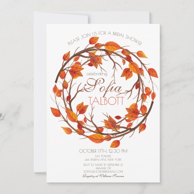 Floral fall leaf bridal shower invitation (Front)