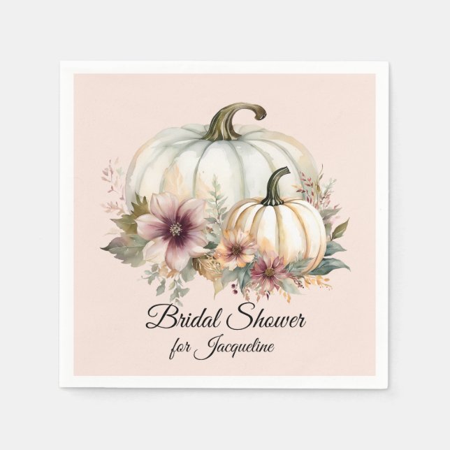 Floral Fall Leaf Pumpkin Blush Pink Bridal Shower Napkins (Front)