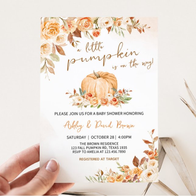 Floral Fall Little Pumpkin Baby Shower  Invitation (Orange Pumpkin Baby Shower Invitation)