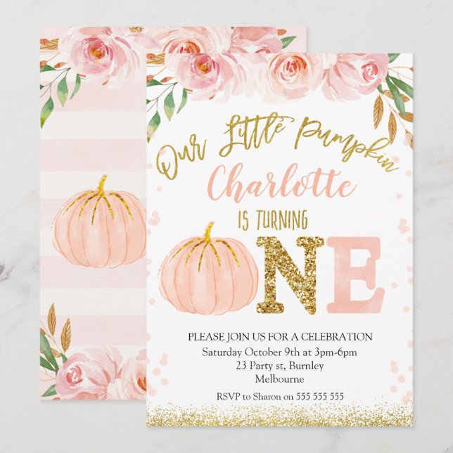 Floral Fall Little Pumpkin Birthday Invitation (Front/Back)