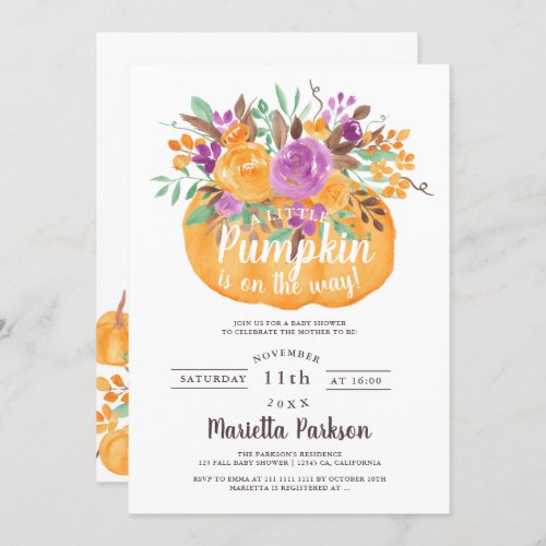 Floral fall Little pumpkin watercolor baby shower Invitation