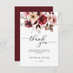 Floral Fall Maroon Rustic Fall Leaves Wedding Thank You Card